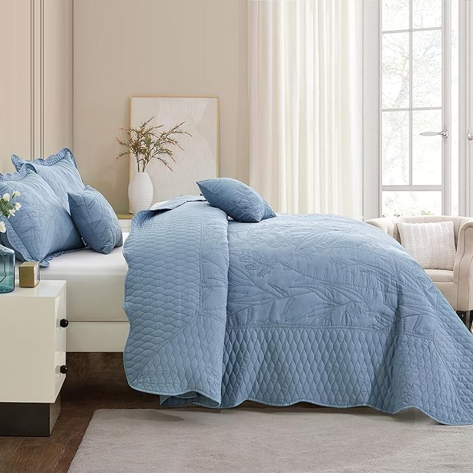 Botanical Bedspread Full Size - Leaves Pattern Stitching Quilt Set - Elegant & Fresh Style Bedding Coverlets, Reversible, Lightweight, 5 Piece, Ashley Blue
