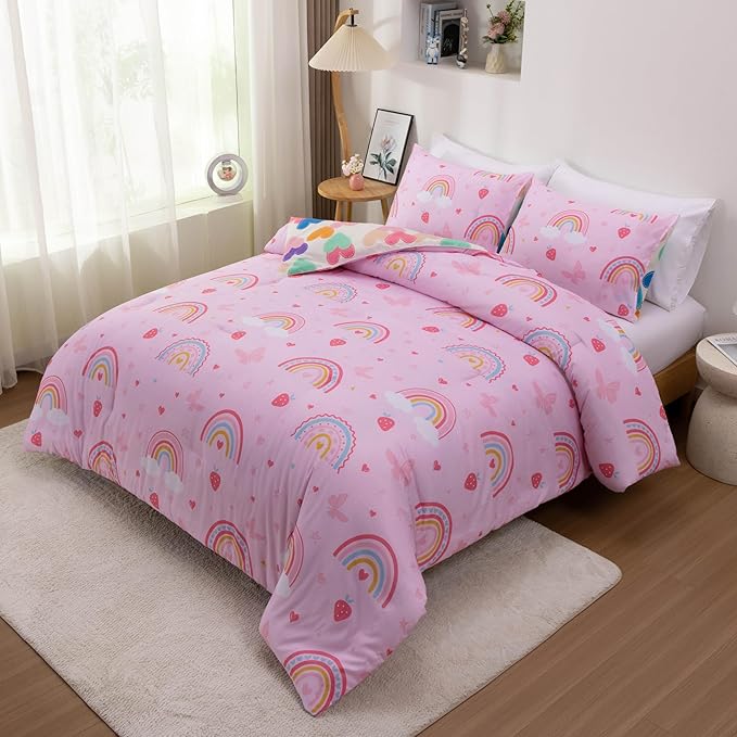 Btargot Lightweight Soft 3 Piece Rainbow Comforter Set with 2 Pillow Covers, Cartoon Butterfly Leaves Flowers Bedding Set for Girls Boys Kids, Twin Pink