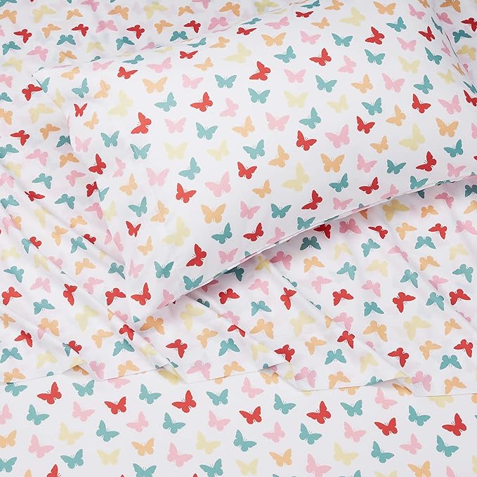 Amazon Basics Kid's Soft Easy-Wash Microfiber 3-Piece Sheet Set, Twin, Multi-Color Butterflies, Butterfly Friends, Printed