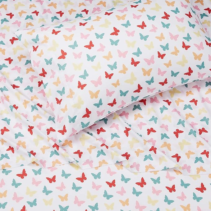 Amazon Basics Kid's Soft Easy-Wash Lightweight Microfiber 3-Piece Sheet Set, Toddler, Multi Colour, Butterflies