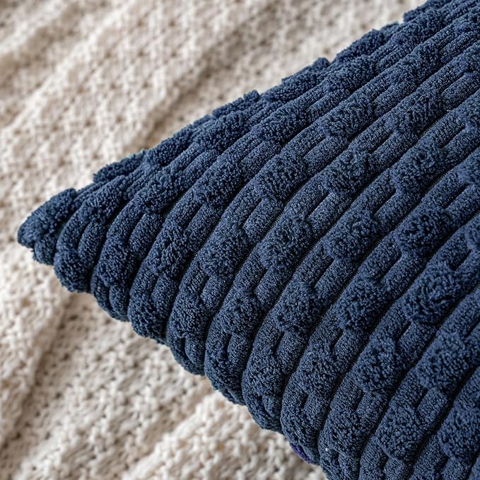 MIULEE Pack of 2 Decorative Throw Pillow Covers 16x16 Inch Soft Boho Striped Textured Corduroy Pillow Covers Modern Farmhouse Home Decor for Couch Bed Sofa Living Room Navy Blue