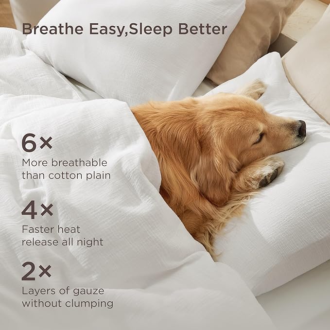 Bedsure Muslin Duvet Cover Queen Size - Cotton Blend Rayon Derived from Bamboo, Cooling Duvet Covet for Hot Sleepers - Ultra-Soft & Breathable Bedding Set for All Seasons(White, 90"x90")
