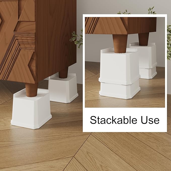 Bed Risers 4 Inch 8 Pack, Oversized L Shape Furniture Bed Lifts Risers 4 in Heavy Duty Wide Opening Elevators fits to Couch, Sofa, Bed Frame, White