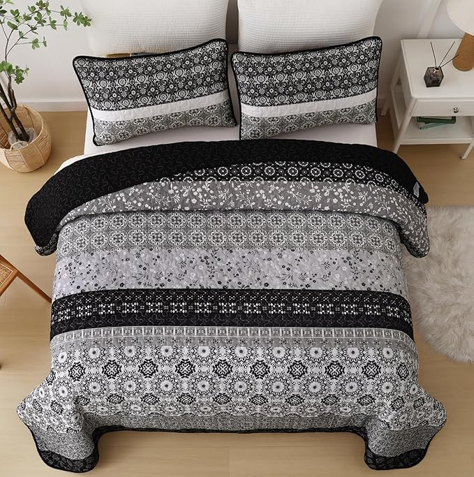 WONGS BEDDING Boho Quilt Set King, Bohemian Black Striped Patchwork Bedspread Coverlet Set with 2 Pillowcases,Lightweight Microfiber Floral Bedding Set 104"×90"
