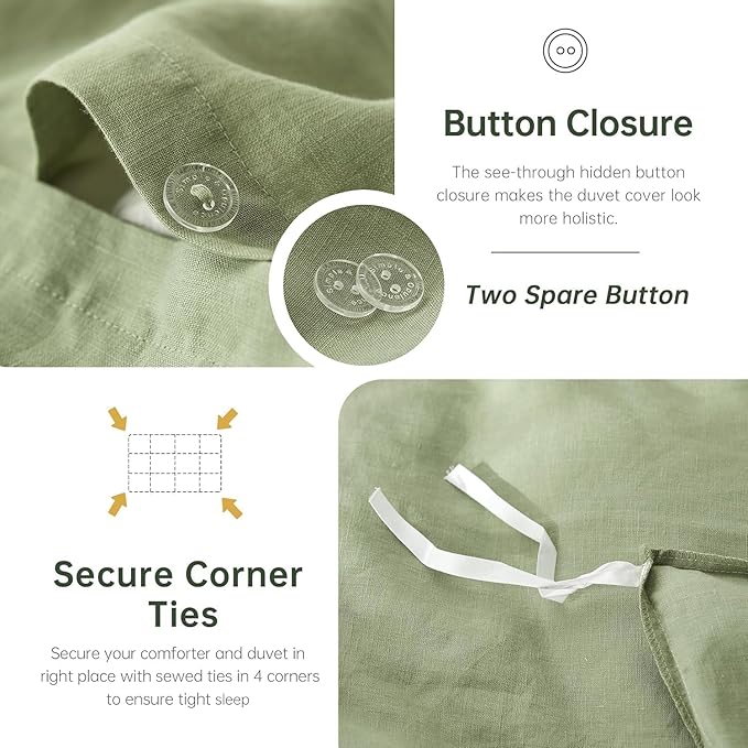 Simple&Opulence 100% Linen Duvet Cover Set 3pcs Natural French Basic Style Washed Flax Solid Color Breathable Soft Farmhouse Bedding with Button Closure (Sage Green, Full)