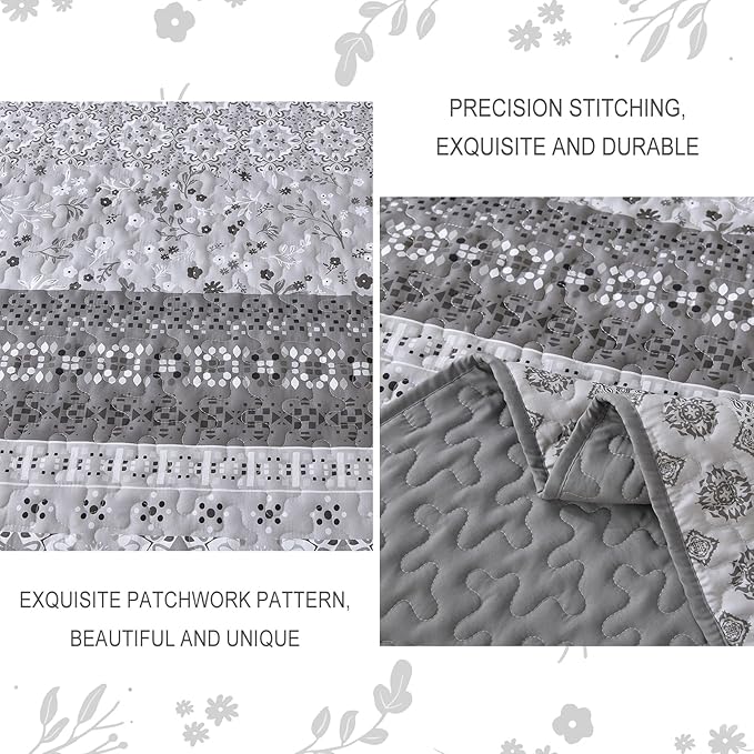 WONGS BEDDING Grey Boho Quilt Set King,Bohemian Floral Striped Patchwork Bedspread Coverlet Set with 2 Pillowcases,Lightweight Microfiber Bohemian Quilt Bedding Set 104"×90"