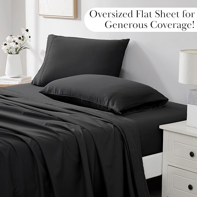 SouthShore Fine Living Vilano Pleats, 4-Piece, 21-Inch Extra Deep Pocket Sheet Set, Full Sheets Set with Flat Sheets and Pillowcase, Easy Care and Shrinkage-Free Deep Pocket Sheets, Sheet Set, Black