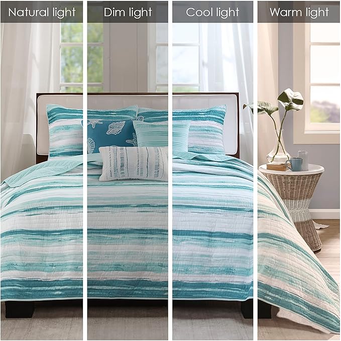 Madison Park Quilt Set Cottage Coastal Design, 6 Piece Set - All Season, Coverlet Bedspread Lightweight Bedding Layer, Shams, Toss Pillows, King/Cal King(104 in x 94 in), Aqua/White