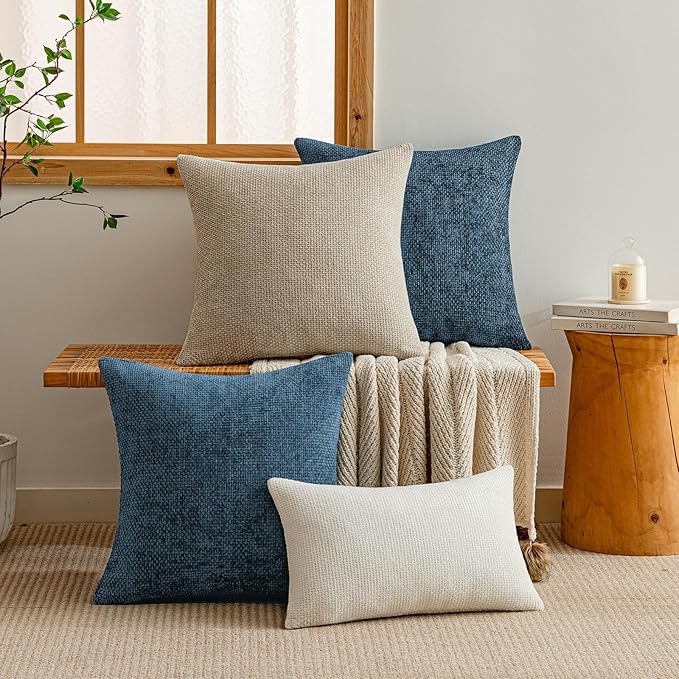 a moment Ocean Blue Chenille Throw Pillow Covers 22x22 Inch Pack of 2 Modern Decorative Throw Pillow Covers Farmhouse Cross Covers Home Decor for Sofa Bedroom Living Room