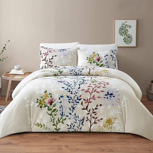 Style Quarters 3PCS Duvet Cover Set with White Leafy 100% Cotton Silhouettes Duvet Cover King Size Machine Washable Includes 1 Duvet Cover + 2 Shams (King)
