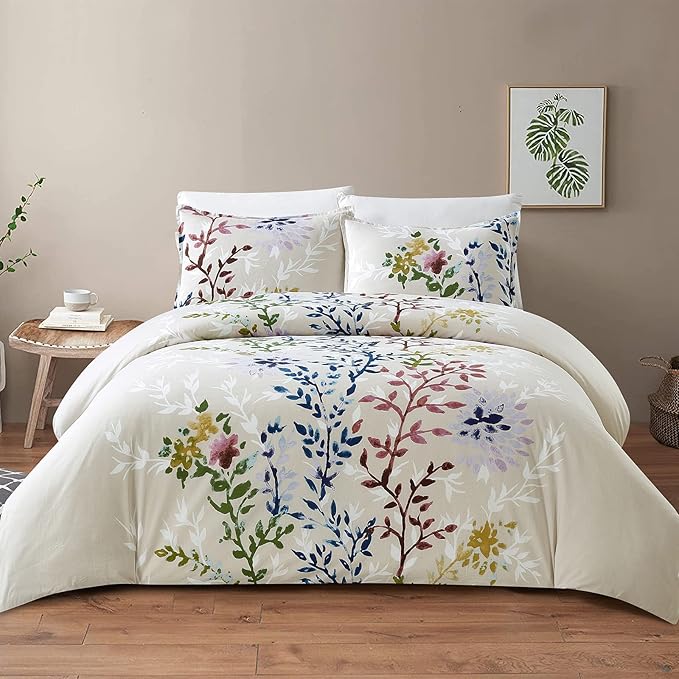 Style Quarters Dahlia Lane 3pc Duvet Cover Set - Multi-Color Floral Stems with White Leafy Silhouettes - 100% Cotton - Machine Washable - Includes 1 Duvet Cover + 2 Shams (Queen)