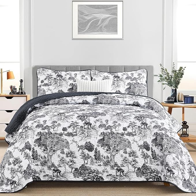 WONGS BEDDING Botanical Quilt Set King Size, Black 3 Pieces Toile Floral Plants Printed Bedspread Bedding Set Soft Lightweight Microfiber Coverlet Set for All Season (104"x90")