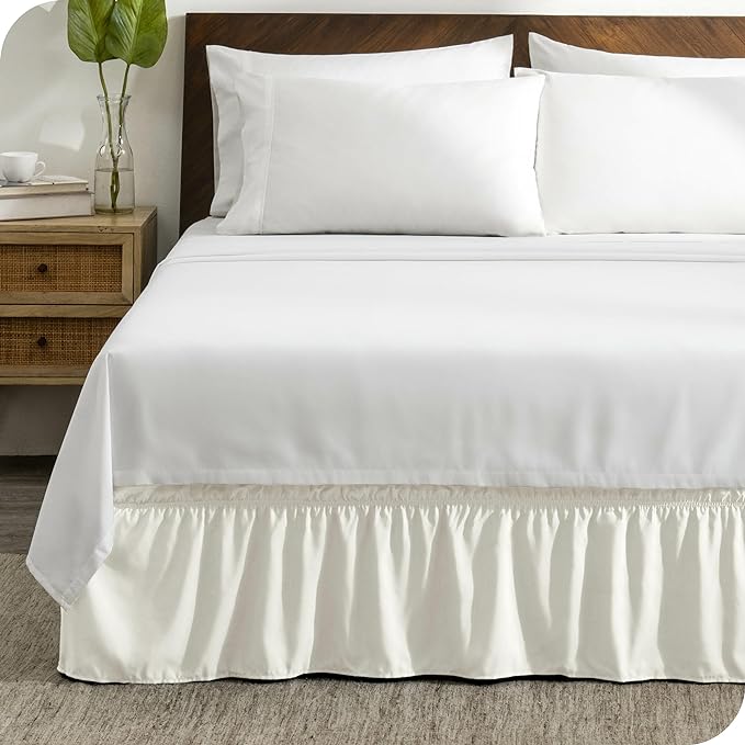 Bare Home Wrap Around Bed Skirt - for Full Size Beds with 15 inch Tailored Drop - Easy Fit Elastic Strap - Adjustable and Ruffled Style - Wrinkle, Fade, and Stain Free (Full, Cream)
