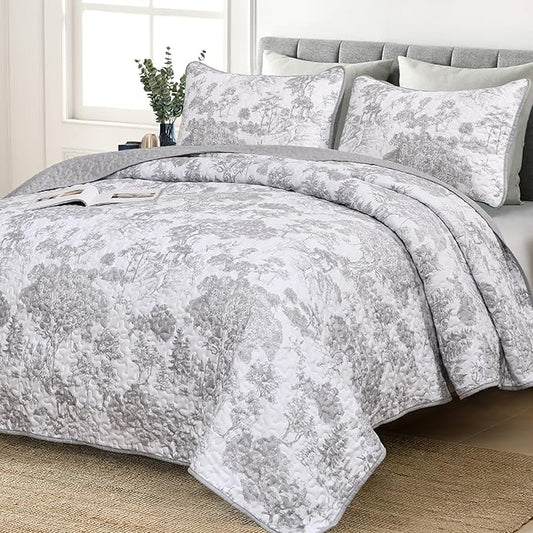 WONGS BEDDING Grey Quilt Set Full Size, 3 Pieces Botanical Bedspreads Set Lightweight Microfiber Grey Toile Plants Pattern Coverlet Home Decor for All Seasons (90"x78")