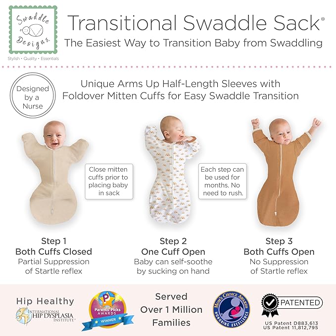 SwaddleDesigns Transitional Swaddle Sack, Arms Up Half-Length Sleeves & Mitten Cuffs, Swaddle for Newborn Transition to Baby Sleep Sack Wearable Blanket, Med, 3-6 mo, 14-21 lb, Watercolor Sunny Days