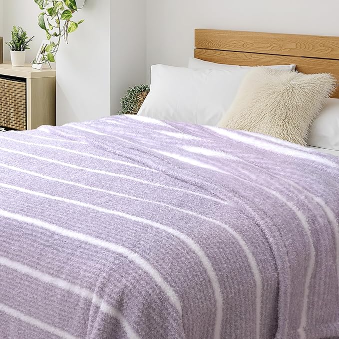 DEZ FURNISHINGS Oversized Cozy Knit Look Cloud-Soft Plush Printed Fleece Throw Blanket, Lightweight & Breathable, Queen (90" x 90"), Gray Purple Stripe