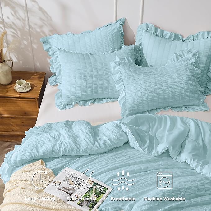 JOLLYVOGUE Light Blue King Size Comforter Set, 3 Pieces Seersucker Comforter King Size, Lightweight & Fluffy Bedding Sets for All Season with 1 Ruffle Comforter and 2 Ruffle Pillowshams