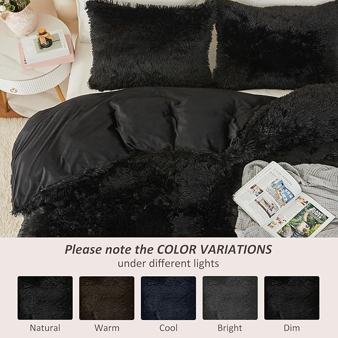 EMME Luxury Fuzzy Duvet Cover Set Twin Size Fluffy Comforter Cover Set for Twin Bed 2 Pieces Shaggy and Plush Soft Bedding Duvet Covers (Black, Twin)