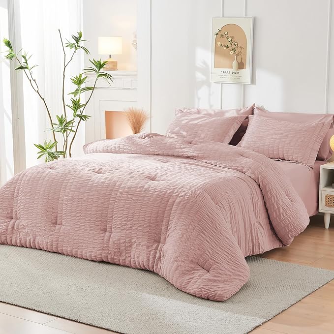 HYMOKEGE Rose Gold Duvet Cover Full Size, Ultra Soft 3-Piece Seersucker Duvet Cover Set with Zipper Closure, Soft Brushed Microfiber Bedding Set with 8 Corner Ties (80"x90", 2 Pillowshams)
