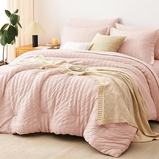 CozyLux King Size Comforter Set Blush Pink Seersucker 7 Pieces Bed in a Bag King Comforter Set with Sheets, Luxury Bedding Set with Down Alternative Comforter, Sheets, Pillowcases & Shams All Seasons