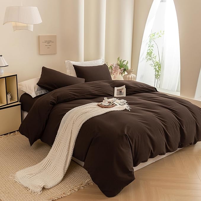 ECOCOTT Duvet Cover King Size -100% Washed Cotton Linen Like Textured Breathable Durable Soft Comfy Bedding Set with Zipper Closure & Corner Ties Chocolate Brown