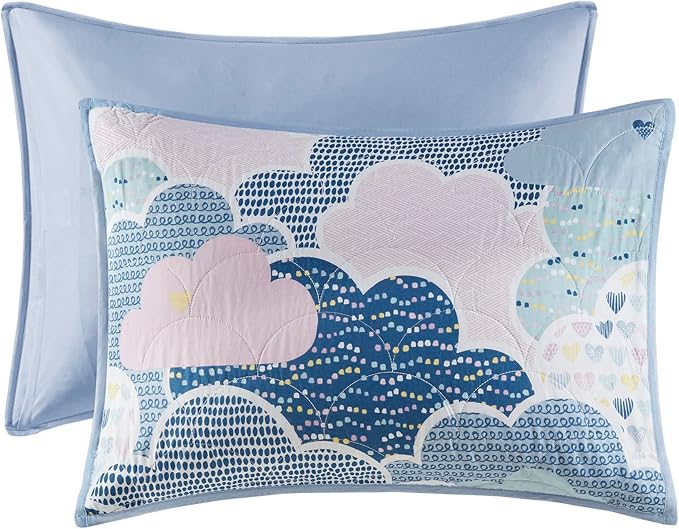 Intelligent Design Kids Reversible Cotton Quilt Set - Vibrant Fun, Playful Print, All Season Children Bedding Coverlet Bedspread, Decorative Pillow, Bedroom Décor, Twin, Cloud Blue 4 Piece
