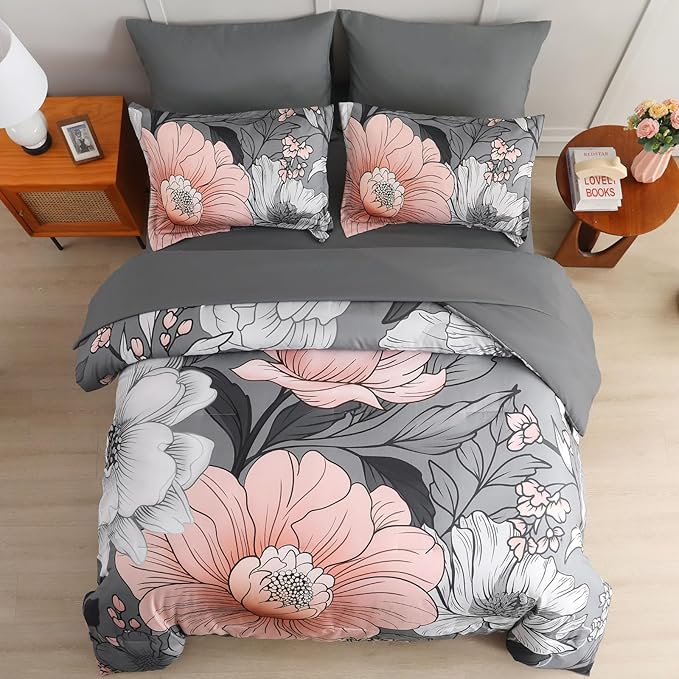 Xruibed King Comforter Set 7 Pieces Grey Floral Comforter Set King Size Bed in a Bag Flower Bedding Sets Lightweight Boho Bed Set with Sheet,Pillowcases&Shams for All Season