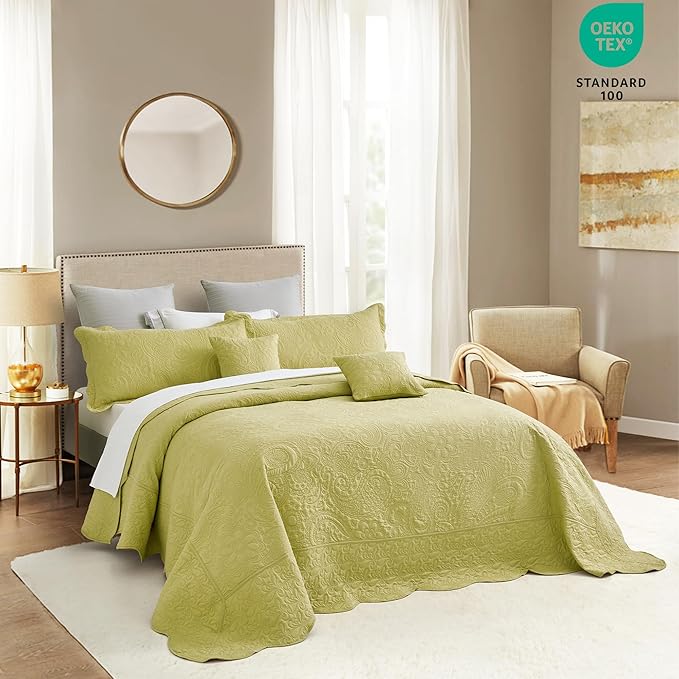 Oversized King Bedspread, Ultrasonic Lightweight Bedding Cover, Paisley Pattern, Reversible, 5 Piece, 100% Microfiber, Leek Green