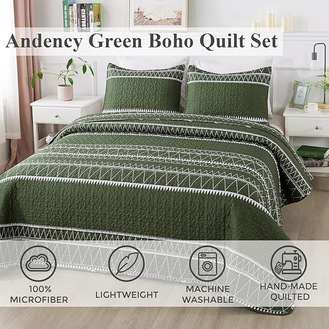 Andency Green Oversized Super King Quilt Set, 3 Pieces Boho Lightweight Soft Striped Bedspread for All Season (120"x120"), Printed Bohemian Microfiber Reversible Coverlet Comforter Sets