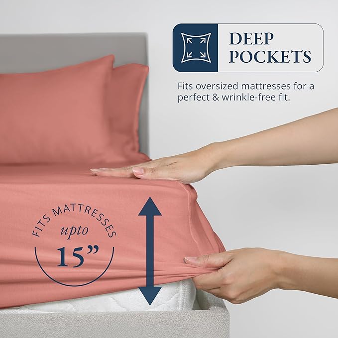 LANE LINEN Twin XL Fitted Sheet, 100% Organic Cotton 2-Piece Set (1 Fitted Sheet, 1 Pillowcase), Percale Weave, Soft, Breathable, Fits Mattress Upto 15" Deep - Rose Dawn (No Flat Sheet)