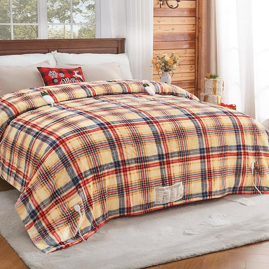 Heated Electric Blanket Queen Size, 84X90 Heating Blanket Queen with Dual Control&10 Heats Levels&Timer for Bed,Brown Plaid Sherpa Soft Blankets Warmer Gift for Grandma Women Adults, Washable