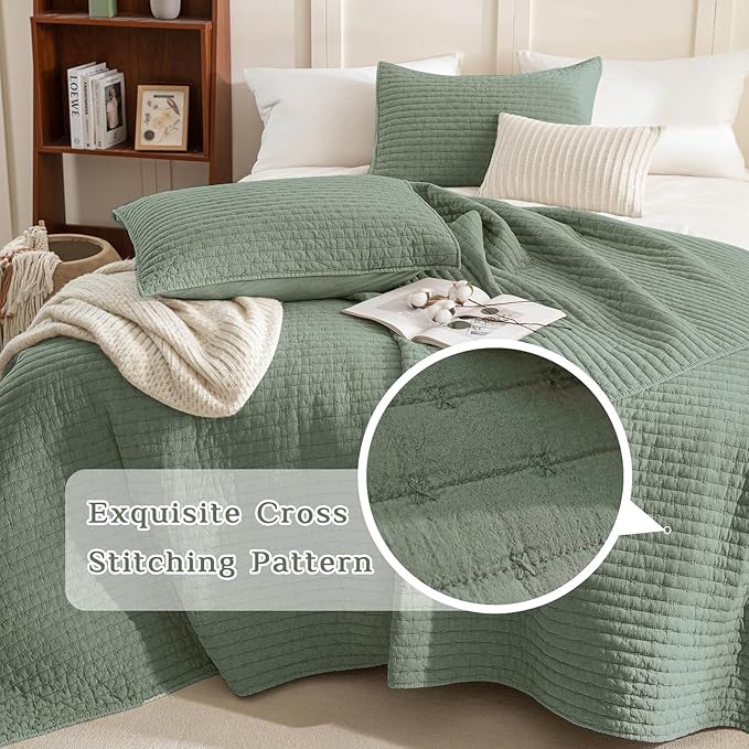 CozyTide Olive Green Oversized King Bedspread 120x120,Stone-Washed Cotton Lightweight Oversized King Quilt,3 Piece Extra Large Modern California King Coverlet Set Ultra Soft