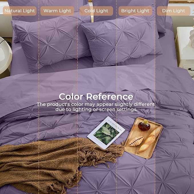 Sasttie Twin XL Comforter Set, 5-Piece Bed in a Bag, Pintuck Bedding Sets for All Season, Includes Comforter, Flat Sheet, Fitted Sheet, Pillowcase and Pillowsham, New Purple
