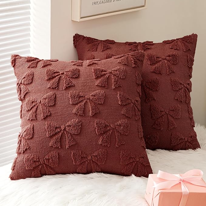 MIULEE Burgundy Bow Pillow Covers Coquette Room Decor Aesthetic Set of 2 Decorative Cute Girl Valentine Throw Pillow Soft Plush Faux Pillowcase for Preppy Room Decor Bedroom Couch,18x18 Inch