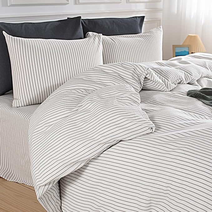 NEXHOME PRO Striped Duvet Cover Twin Size,100% Washed Cotton Bedding Set,Textured Linen Feel,Breathable,Organic,2 Piece(Grey Stripes 68x90)