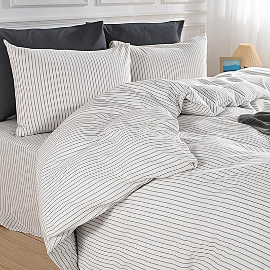 NEXHOME PRO Striped Duvet Cover Oversized King,100% Washed Cotton Bedding Set,Textured Linen Feel,Breathable,Organic,3 Piece(Grey Stripes 120x98)