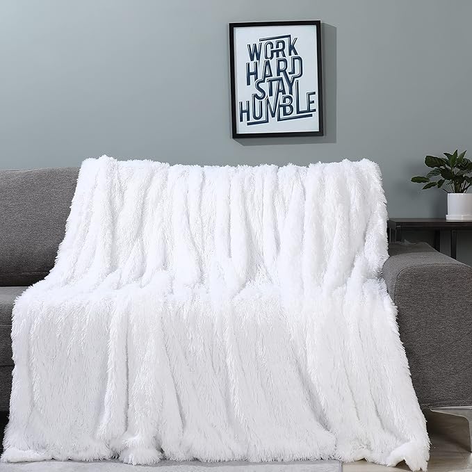 Tuddrom Decorative Extra Soft 100% Polyester Blanket Queen Size 80"x90",Solid Reversible Fuzzy Fluffy Plush Fur Blanket for Couch Sofa Bed,Pure White