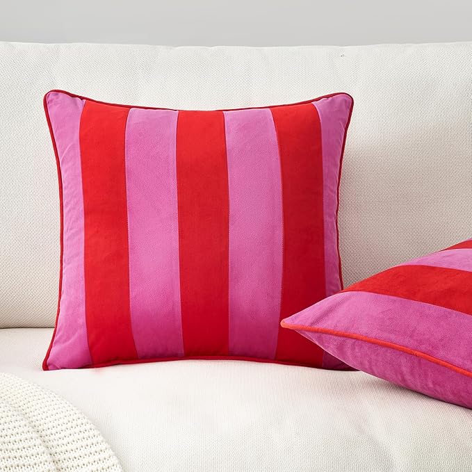 MONDAY MOOSE Decorative Throw Pillow Covers Cushion Cases, Set of 2 Soft Velvet Striped Piping Edge Designs, Pillow Inserts Not Included (18x18 inch, Hot Pink/Red)
