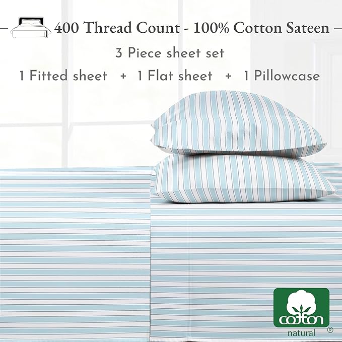 California Design Den Printed Twin XL Sheet Sets - 400 Thread Count Sateen, Natural 100% Cotton Sheets, Deep Pockets, and Durable Bedding Set - Cape Stripe