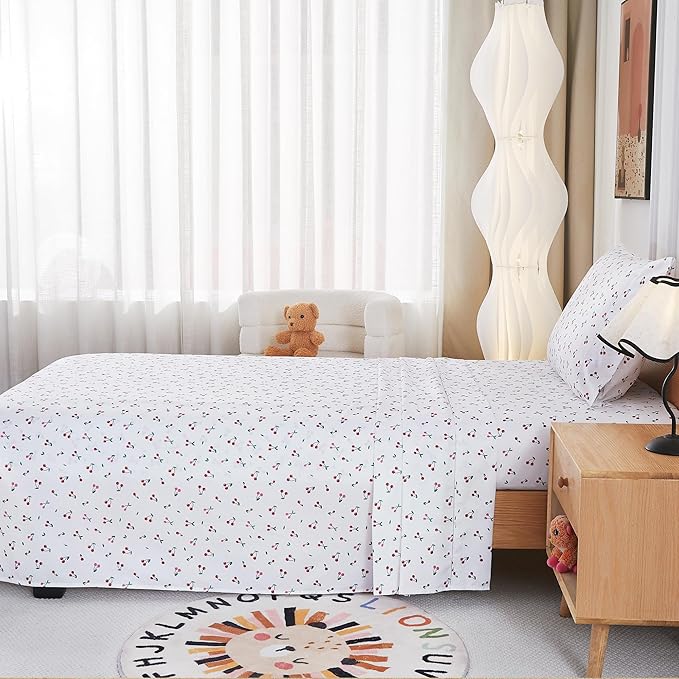 Kids Sheet Set Twin Size, Twin Sheet Set with Little Cherry Pattern，Breathable Silky Soft Microfiber Kids Fitted Sheet