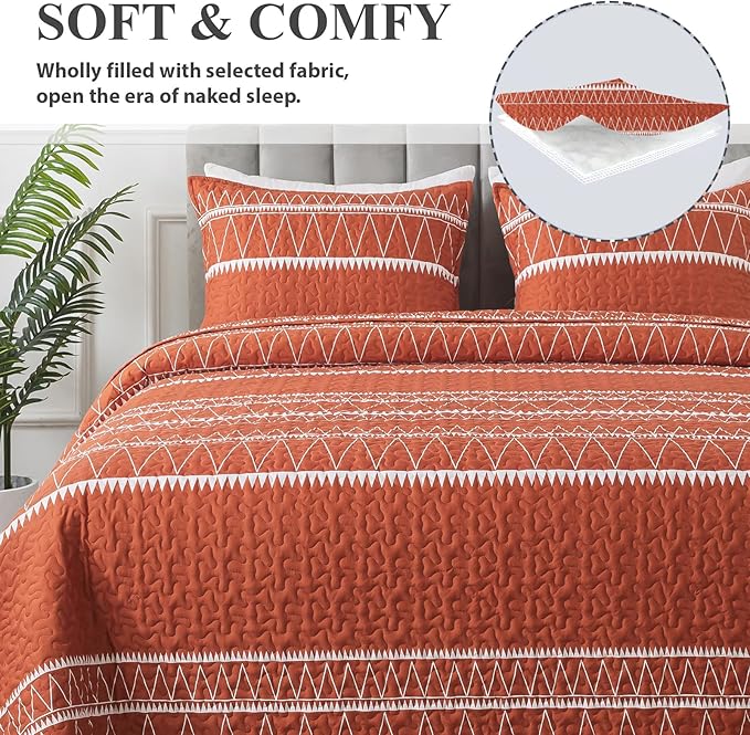 Andency Terracotta Oversized Super King Quilt Set, 3 Pieces Boho Lightweight Soft Striped Bedspread for All Season (120"x120"), Printed Bohemian Microfiber Reversible Coverlet Comforter Sets