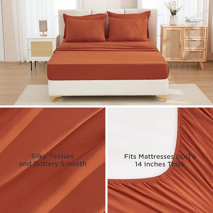 Andency Queen Comforter Set Burnt Orange - 7 Pieces Bed in a Bag Queen Boho Terracotta Bedding Comforter Sets, Rust Tufted Bed Set with Comforter, Sheets, Pillowcases & Shams