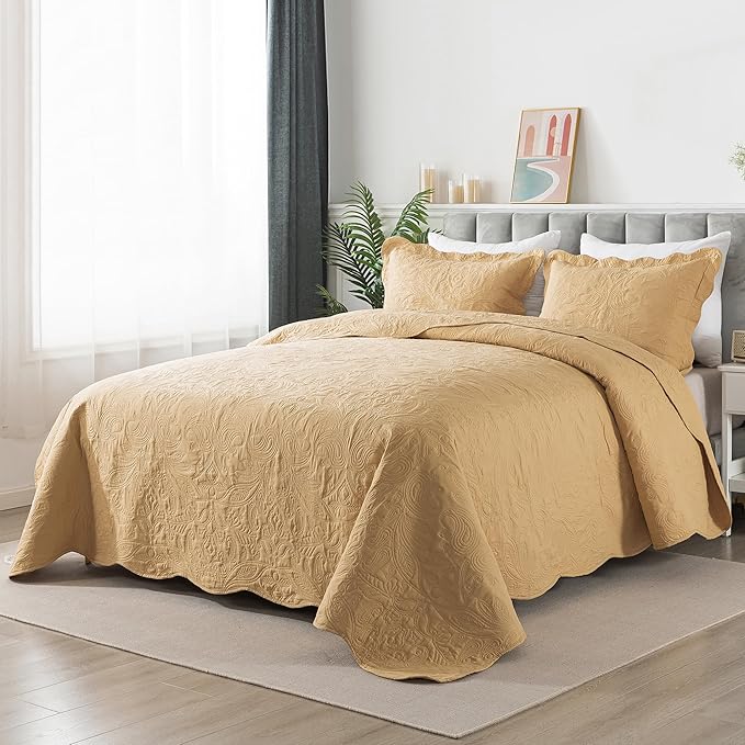 HoneiLife Embroidered Quilt King Size - 3 Piece Microfiber Quilt Sets Lightweight Bedspreads Reversible Coverlets Retro Bed Cover Paisley Pattern Bedding Set All Season Quilts-Yellow