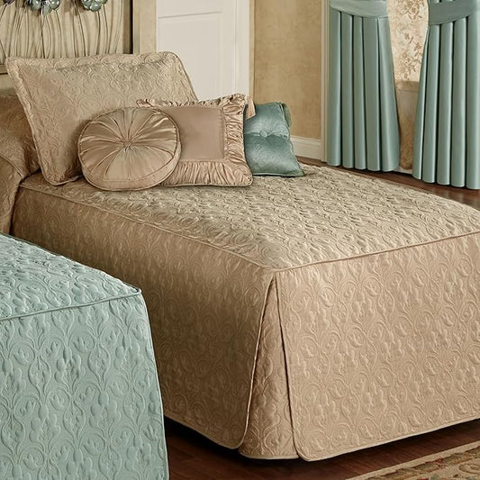 Cambridge Classic Luxury Bedding | Neutral Wheat Solid Color Polyester Satin | Elaborate Damask Quilting | 5 Pc Bed Set: Twin Bedspread, Standard Sham, & 3 Decorative Pillows | Also Fits Twin XL Beds