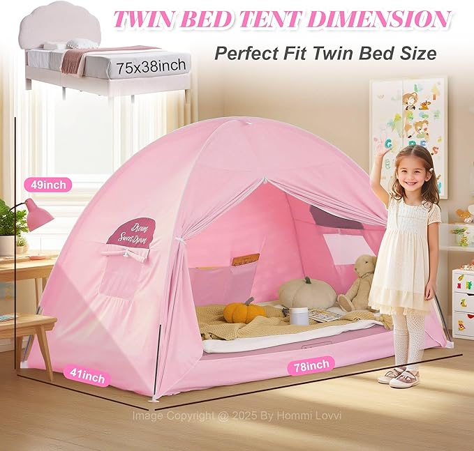 Twin Bed Tent for Girls, Indoor Blackout Sleeping Tent with Dreamy Canopy, Breathable Privacy Bunk Beds, Ideal for Drafty Rooms or Cottage-Style Spaces, Pink