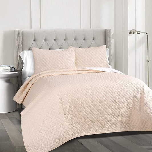 Lush Decor Ava Quilt Diamond Pattern Solid 3 Piece Oversized Bedding Blanket Bedspread Set - King - Blush