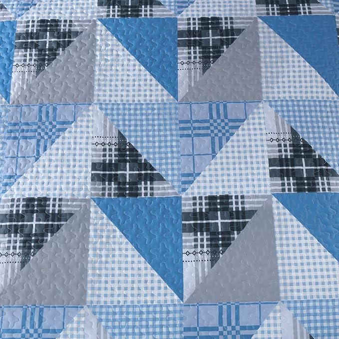 Annibedding Blue Quilt Queen Size, Plaid Patchwork Bedspread Coverlet Set with 2 Pillow Shams, Soft Microfiber Farmhouse Bedding Quilt Set for All Season (Queen, 96''x90'')