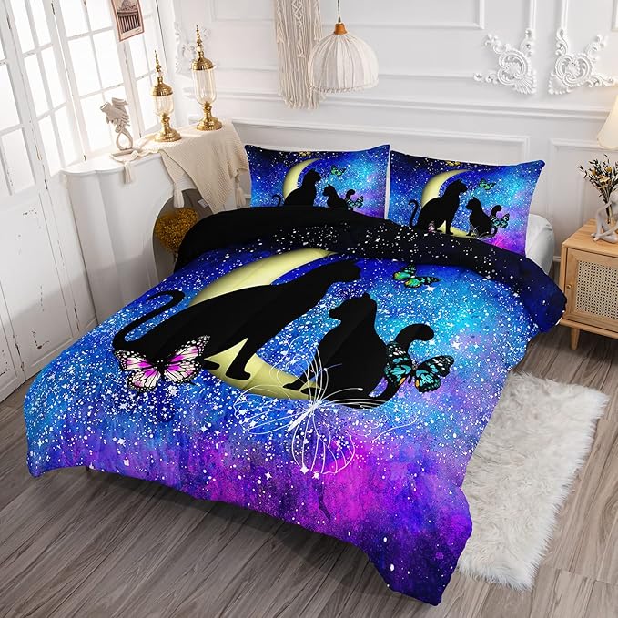 Black Cat Bedding Cartoon Cat Comforter Set Twin,Butterflies Moon Printed Kids Bedding Set for Kids Boys Girls Adults Teens,Kids Comforter Set All Season,1 Quilt 2 Pillow Cases,Blue