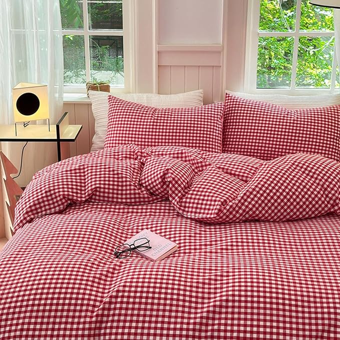 LifeTB Red Gingham Comforter Set Full Modern Style Red Plaid Comforter Set 3 Pieces Soft Fluffy Grid Checkered Pattern Comforter with 2 Pillowcases Vintage Luxury Soft Gingham Bedding Comforter Full
