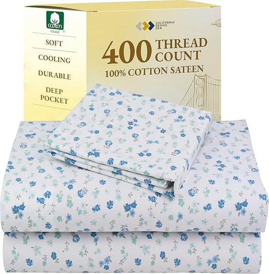 California Design Den Deep Pocket Twin Sheets Set - 400 Thread Count Sateen, Natural 100% Cotton Sheets, and Durable Bedding Set - Blooming Meadows